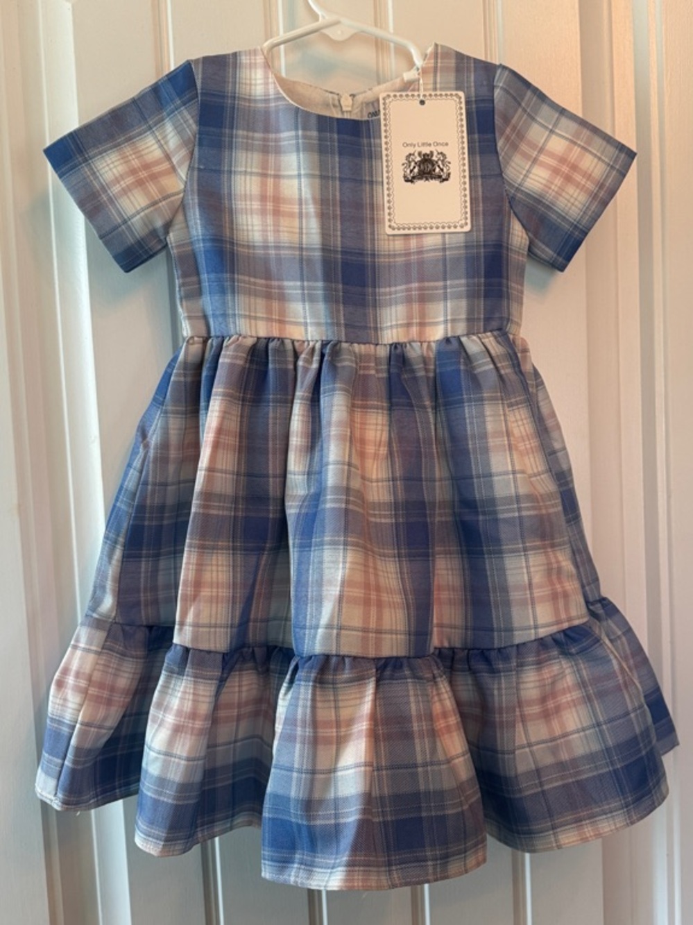 Only Little Once Girls' Blue, Pink, and Cream Plaid Tiered Dress